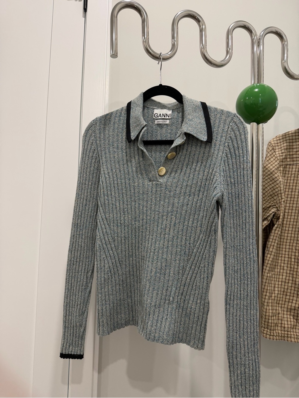 Ganni Heather Blue Rib-Knit V-Neck Polo Sweater with Black Trim